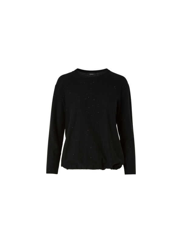 Designer Oversized Linen Blend Pullover with Fine Sequins and Drawstring Hem - black