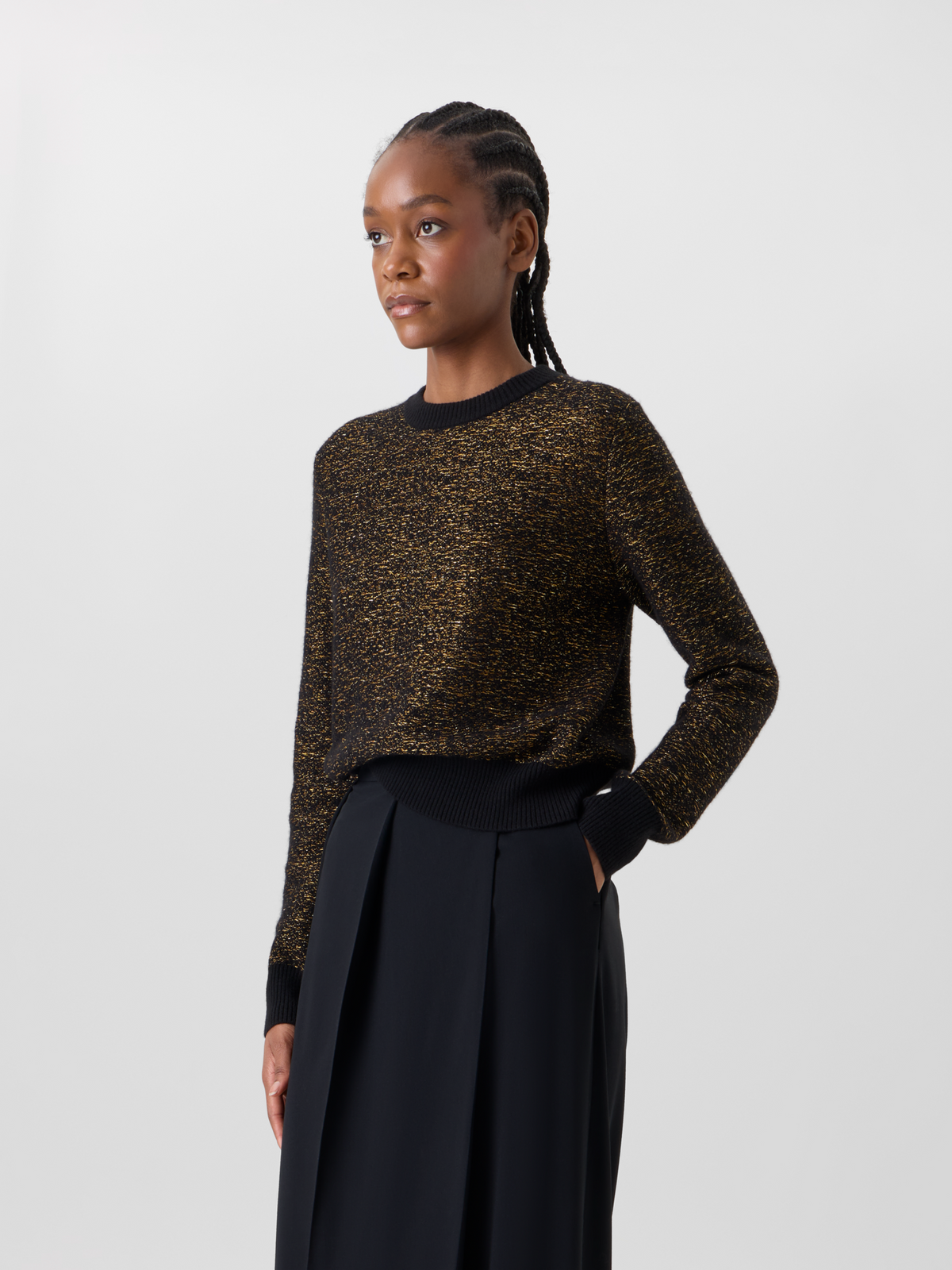 Designer Cashmere Lamé Sweater with Ribbed Trim - black #editorial