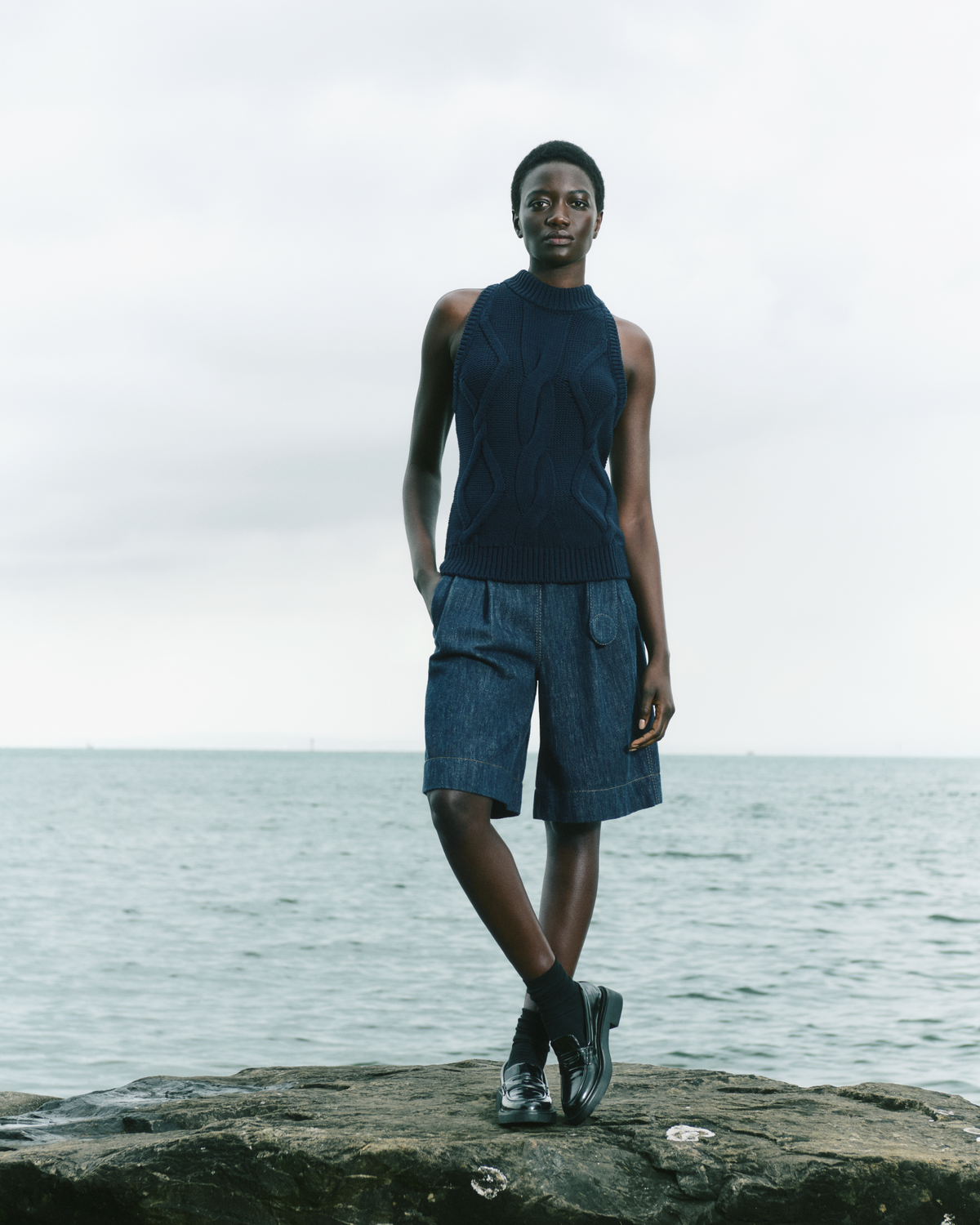 Designer Sleeveless Top in Chunky Cotton Cable Knit - navy - blue #editorial