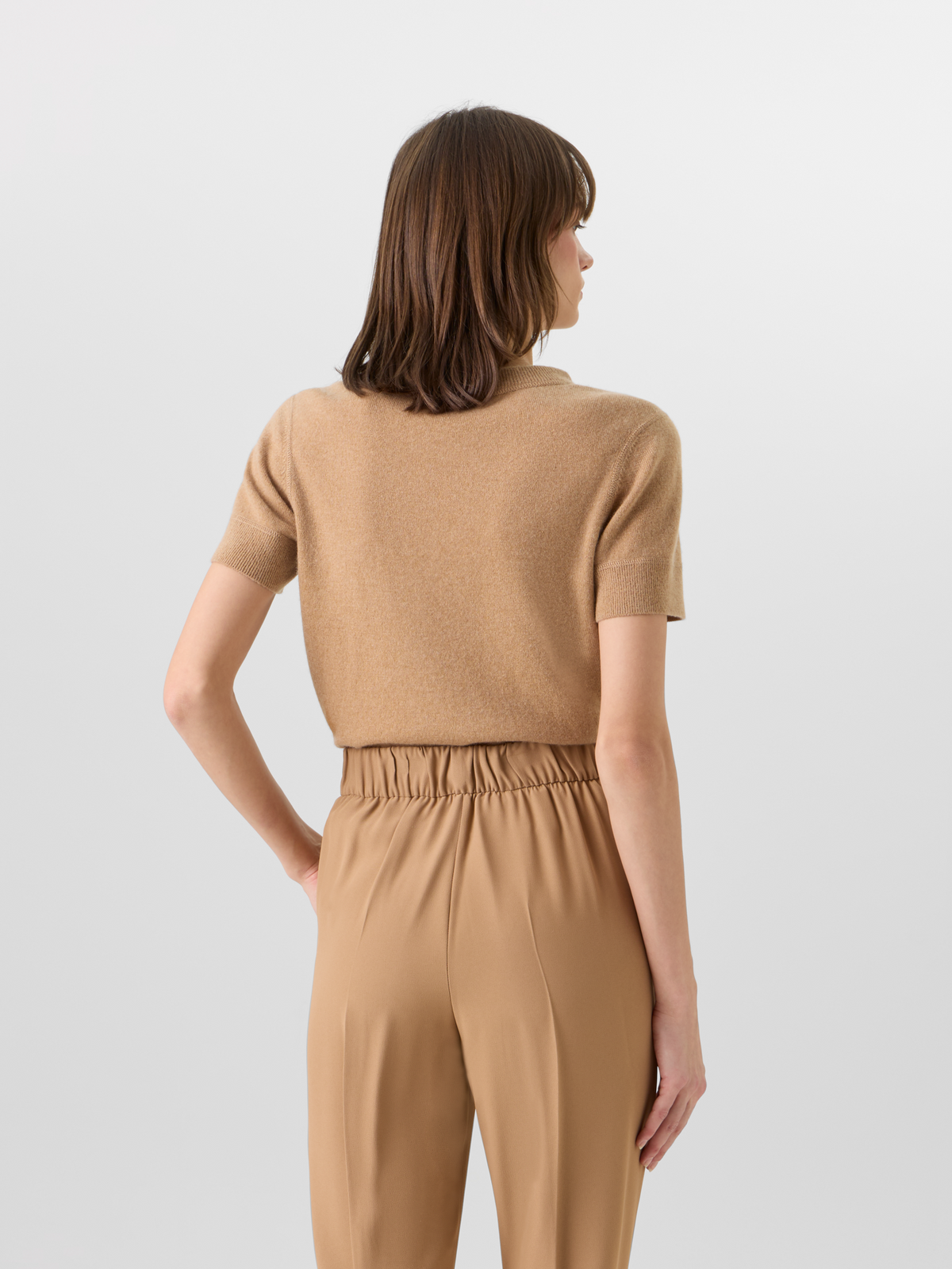 Designer Short-Sleeve Cashmere Knit Sweater - brown 