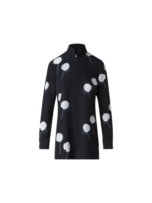 Designer Tunic Blouse in Silk with Dandelion Print - black - multicolor