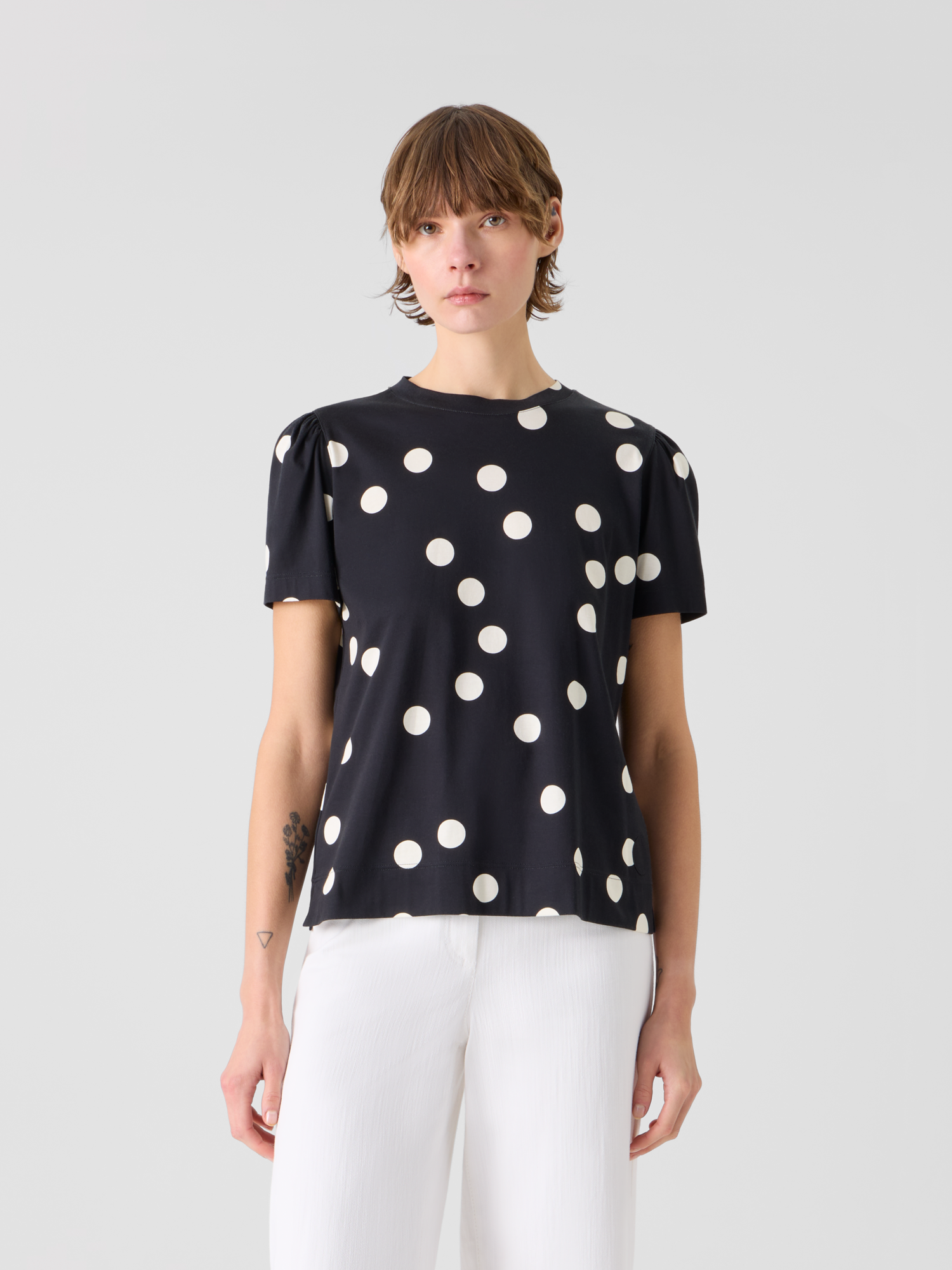 Designer Polka Dot Cotton Jersey T-Shirt with Puff Sleeves - black 