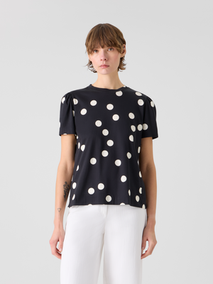Designer Polka Dot Cotton Jersey T-Shirt with Puff Sleeves - black #editorial