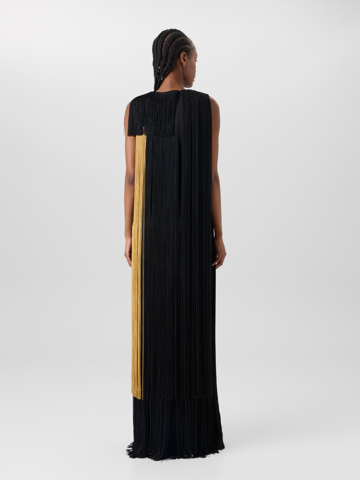 Designer Silk Gown with Oro Lienzo Maxi Fringes - black - multicolor - gold 