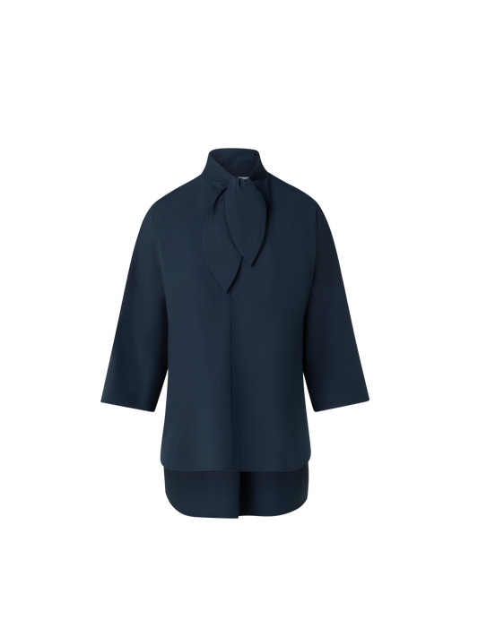 Designer Tunic Blouse in Cotton with Collar Knot - navy - blue
