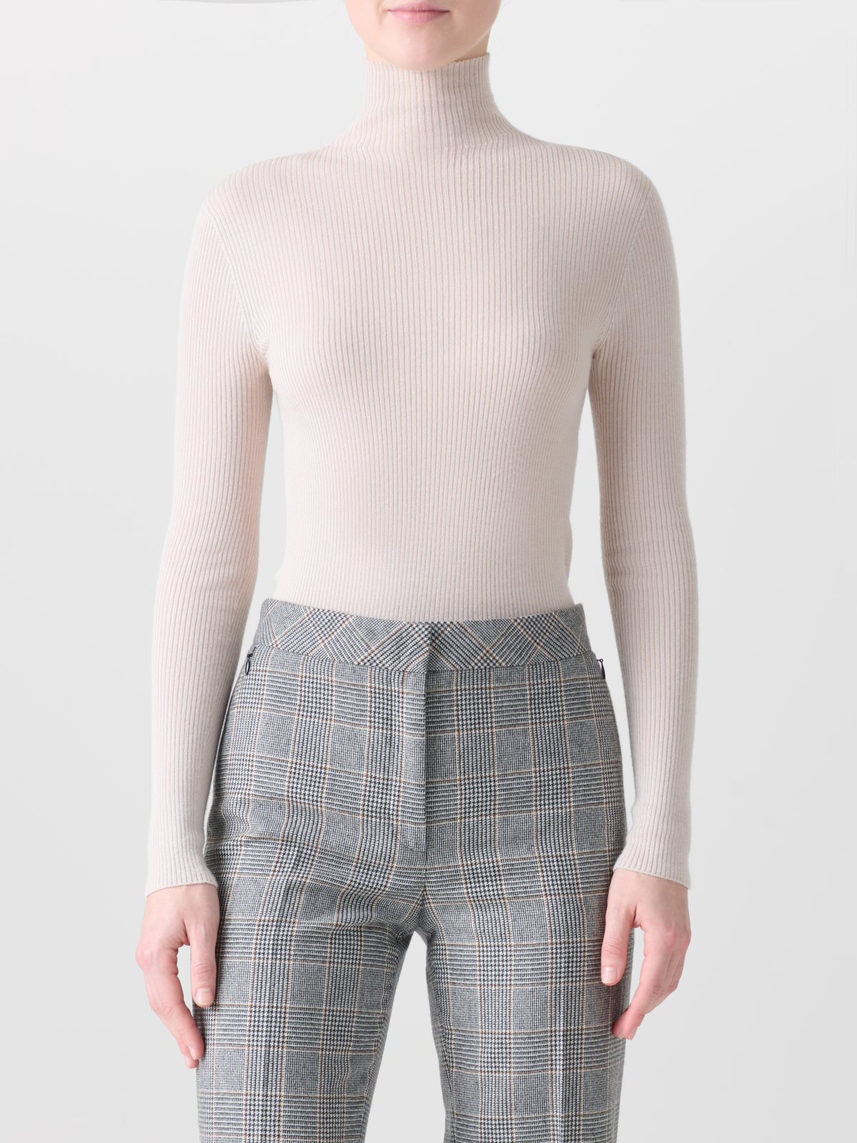 Designer Fine Rib Cashmere Silk Mock Neck Pullover - neutral - pastel - beige