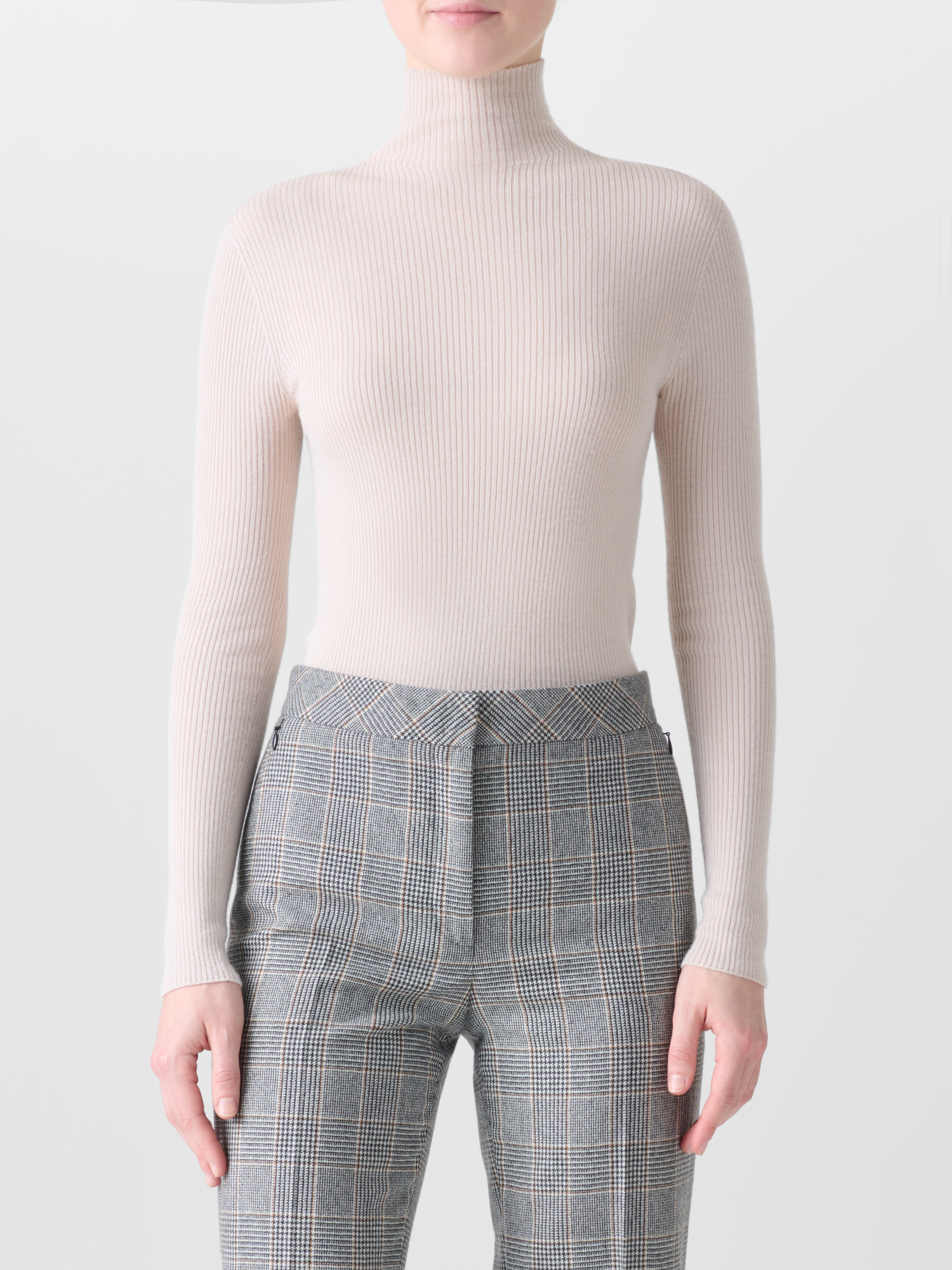 Designer Fine Rib Cashmere Silk Mock Neck Pullover - neutral - pastel - beige