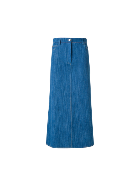 Designer Midi Pencil Skirt in Cotton Denim - blue