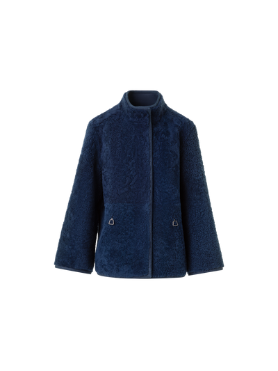 Designer Reversible Shearling Mock Neck Jacket - neutral - navy - blue