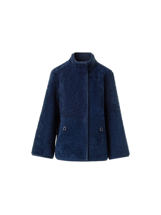 Designer Reversible Shearling Mock Neck Jacket - neutral - navy - blue