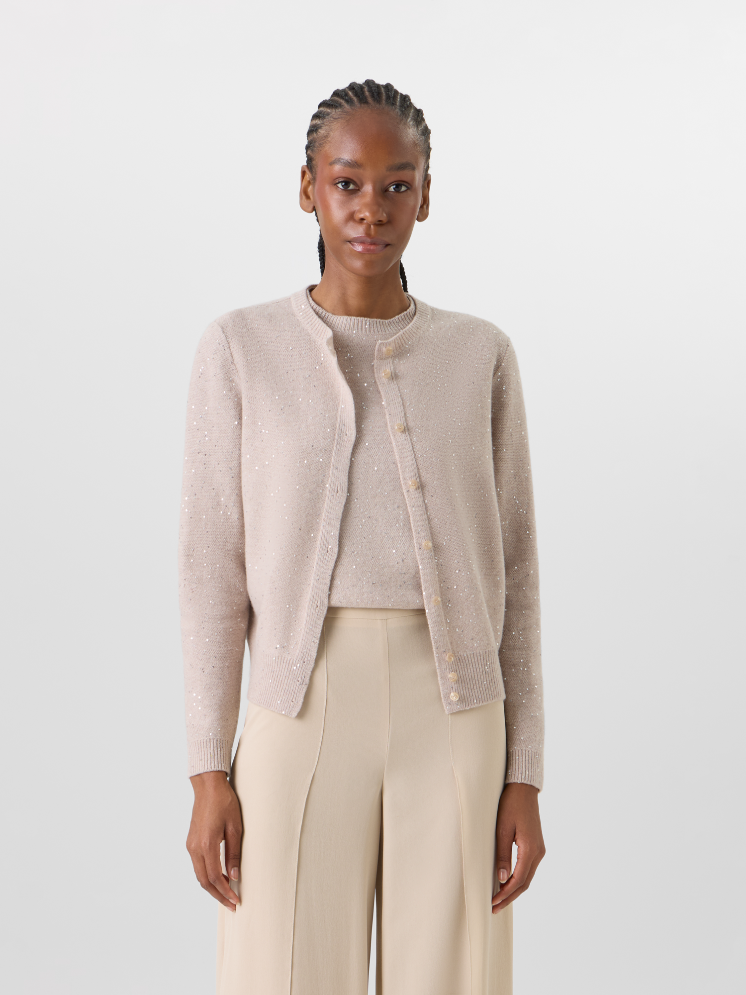 Designer Long-Sleeve Wool-Cashmere Knit Cardigan - beige 