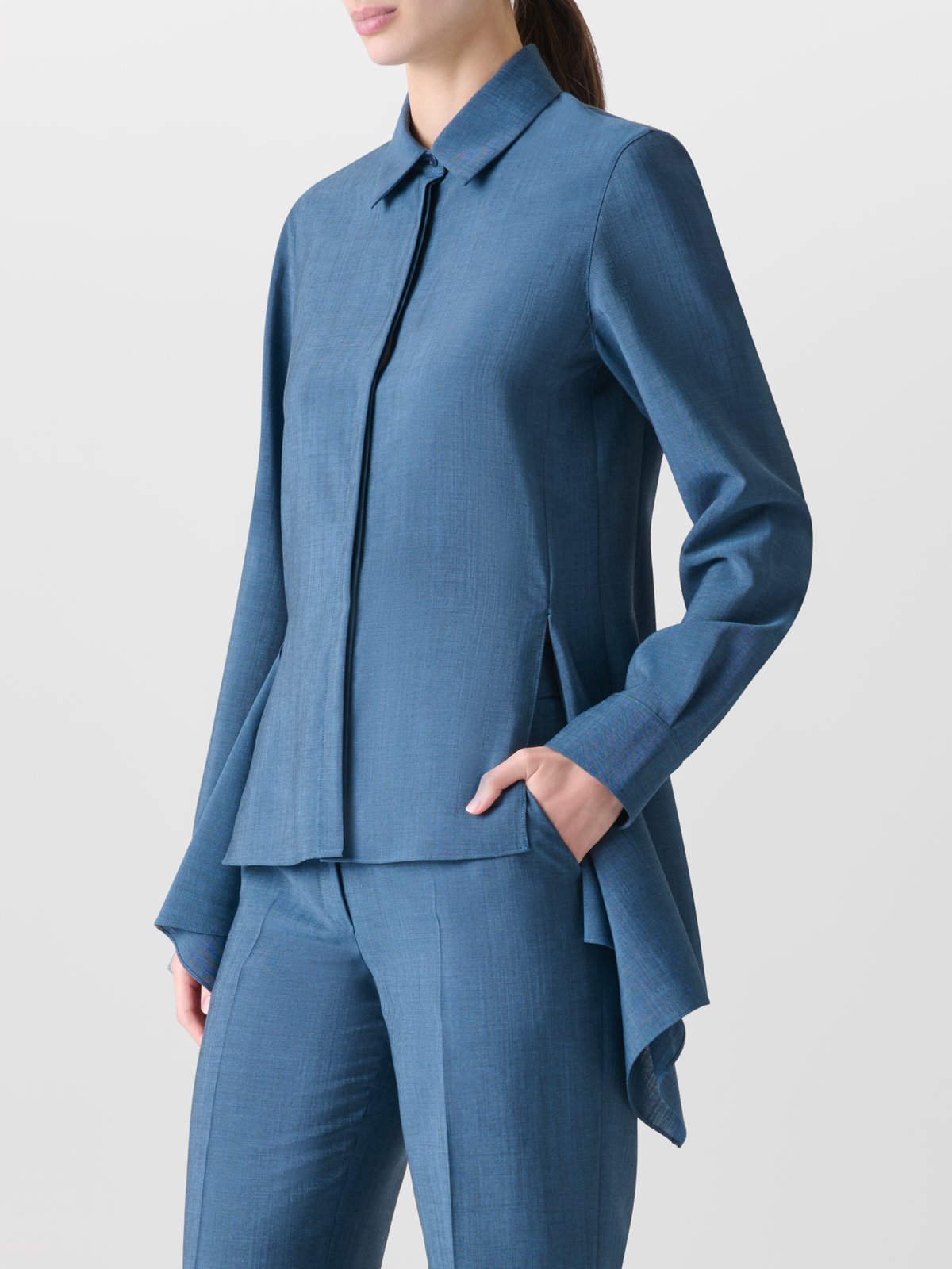 Designer Asymmetrical Blouse in Cool Wool - blue