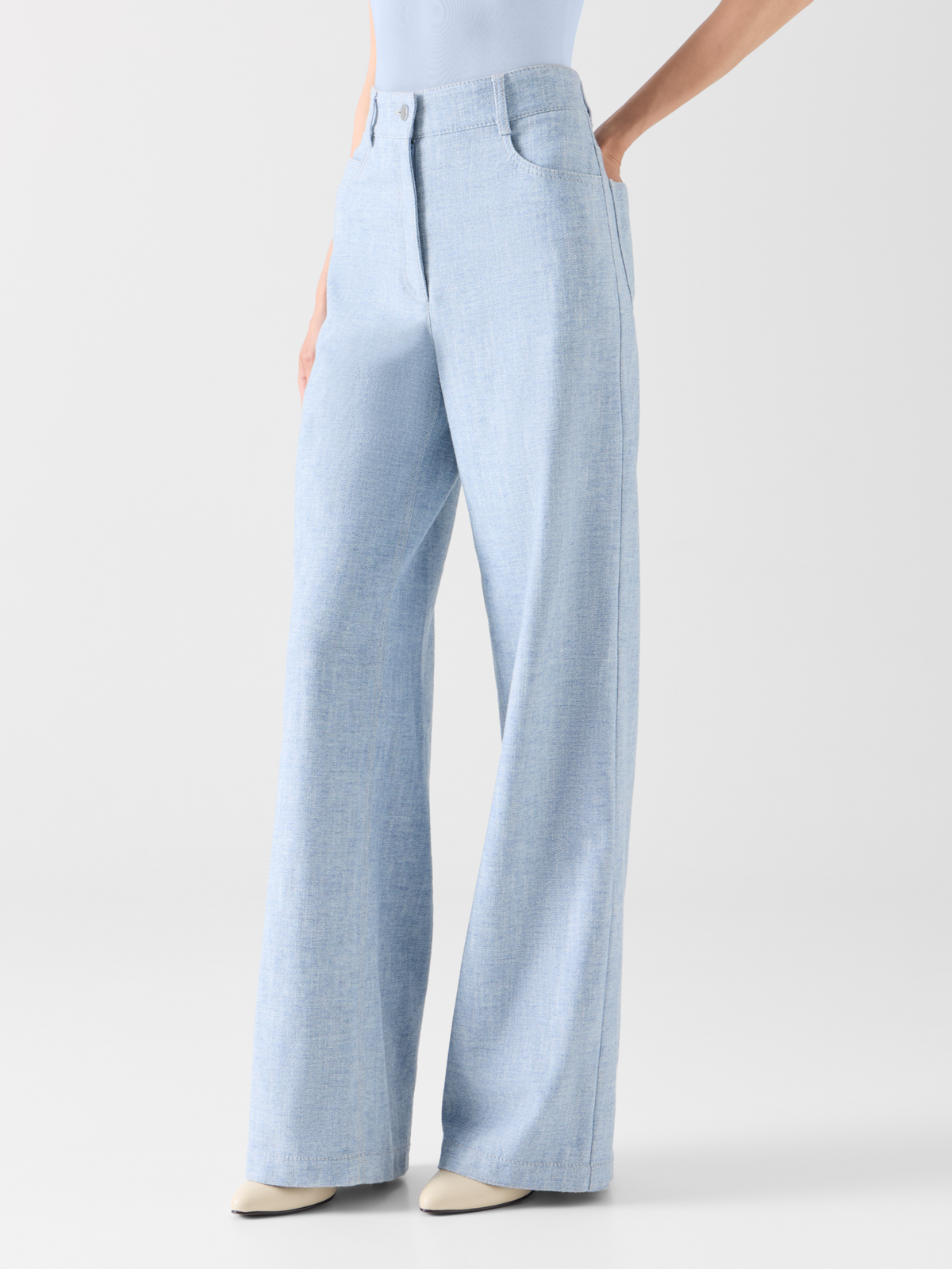 Designer High Rise Wide Leg Pants in Brushed Winter Denim - blue #editorial