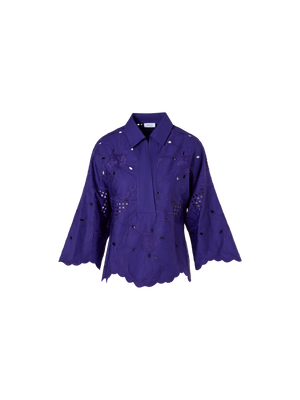 Designer 3/4-Sleeve Flower Eyelet Blouse - purple
