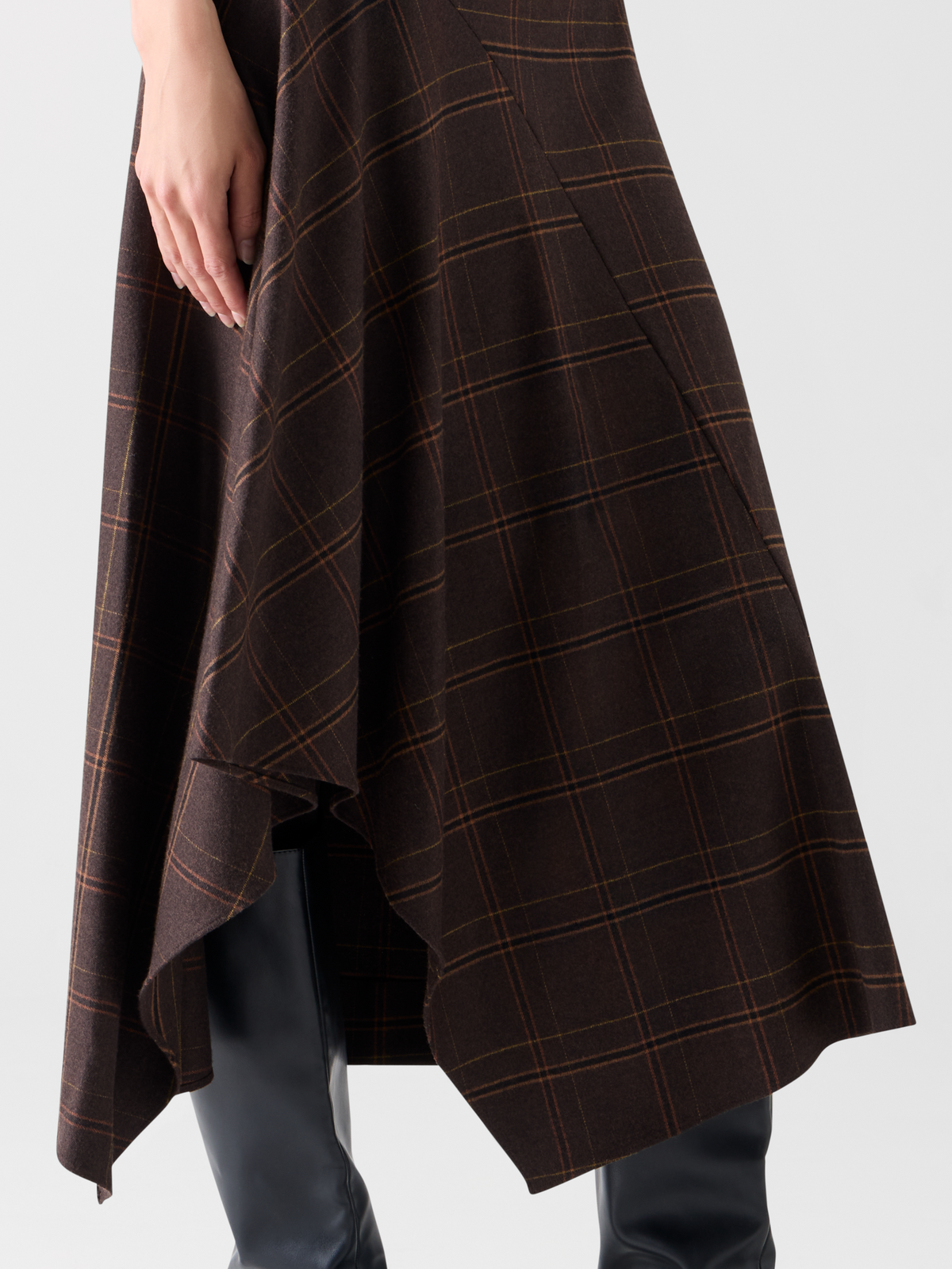 Designer Midi Skirt in Check Flannel with Handkerchief Hem - brown 