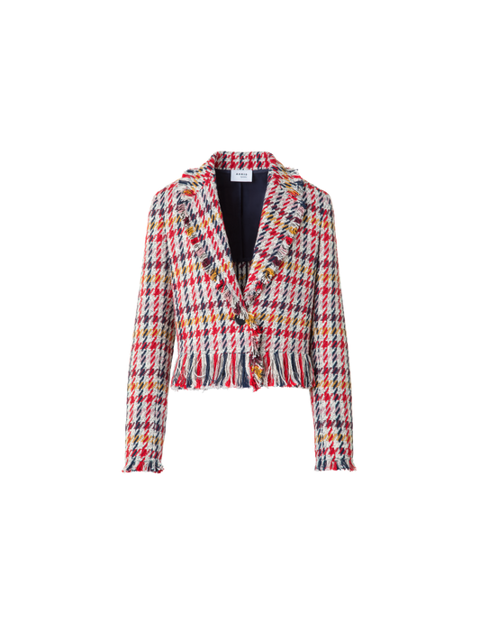 Designer Short Tweed Jacket with Fringes - multicolor - red