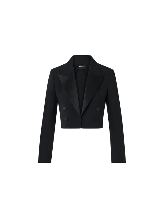 Designer Cropped Wool Double-Face Jacket with Satin Lapel - black