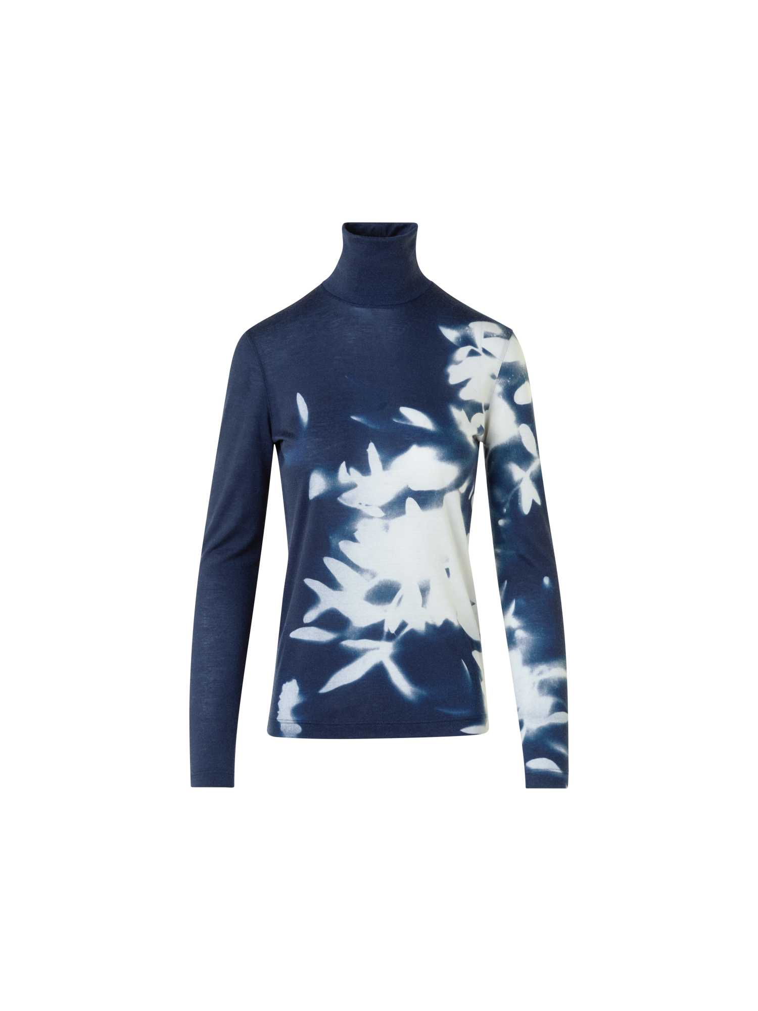 Designer Cashmere Silk Mock Neck Wildflower Print Top - neutral - navy - blue - multicolor