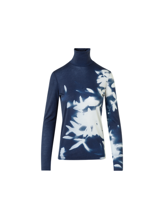 Designer Cashmere Silk Mock Neck Wildflower Print Top - neutral - navy - blue - multicolor