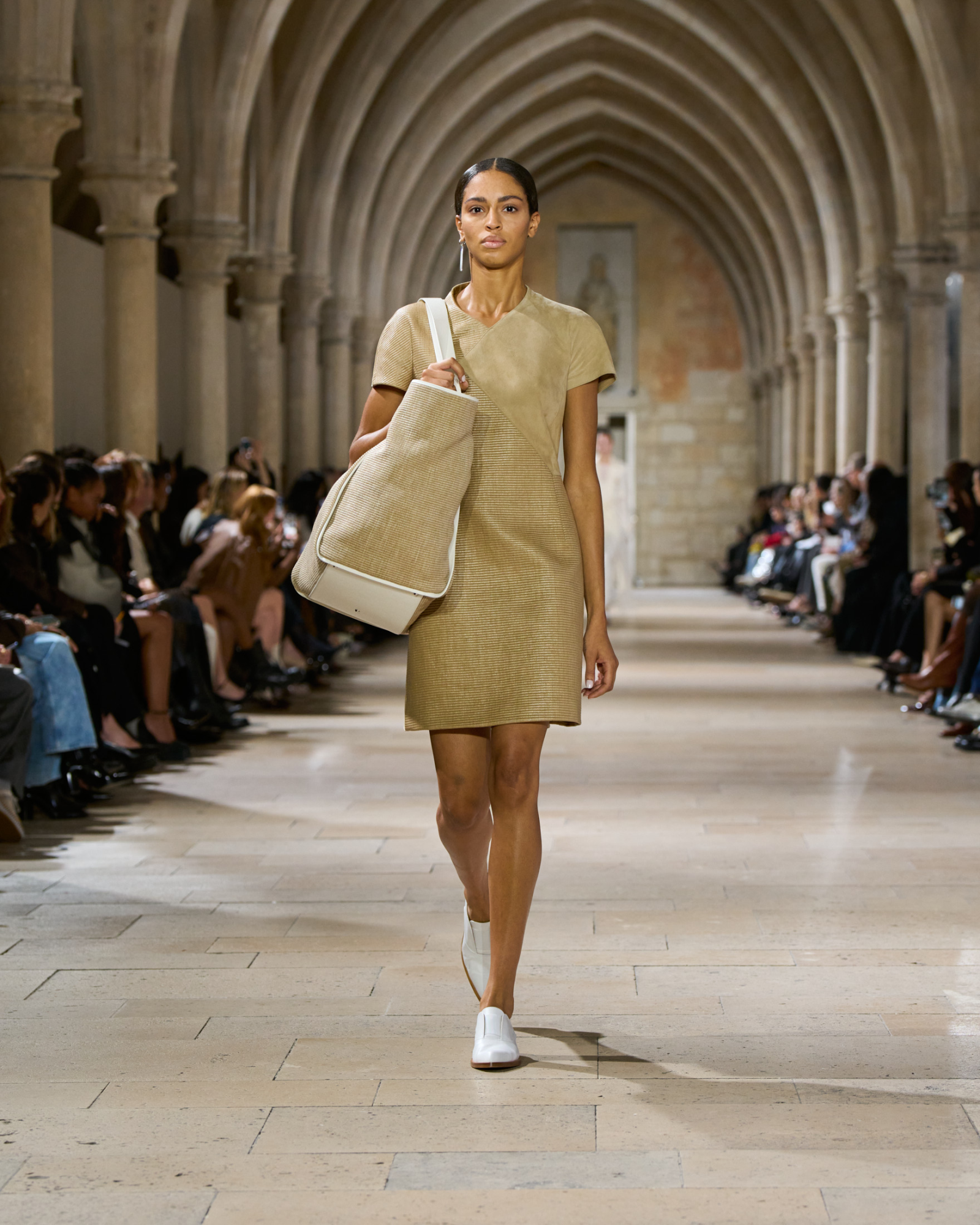 Designer Soft Cotton Raffia and Suede Leather Dress - beige 