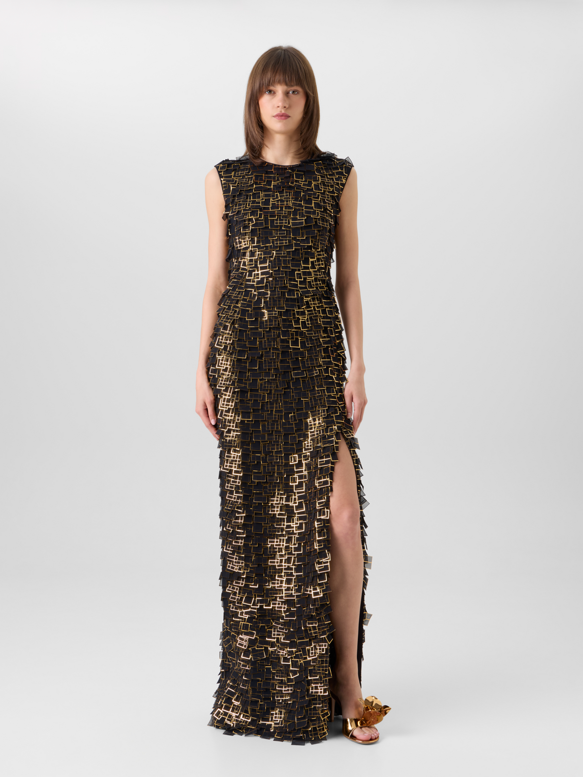 Designer Gown in Golden Frame Organza Tiles - black - multicolor 
