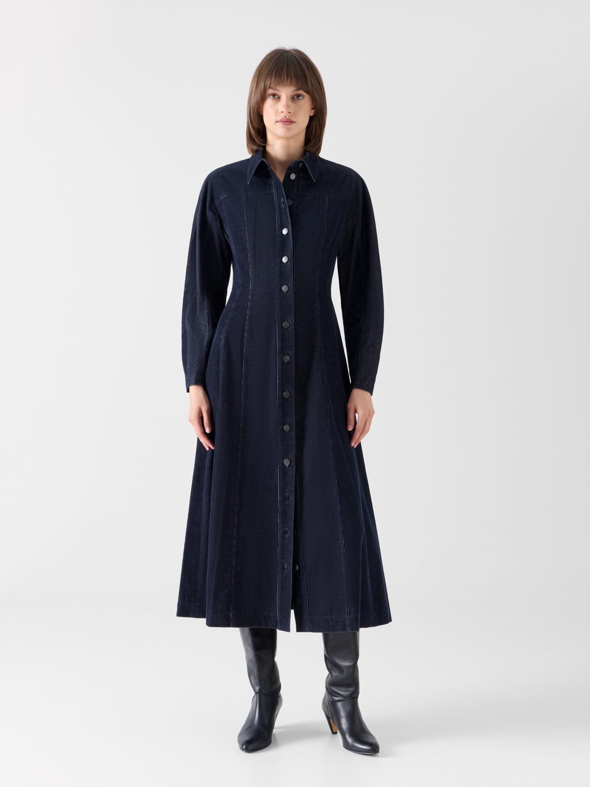 Designer Fit-and-Flare Midi Dress in Changeant Micro Corduroy - navy 
