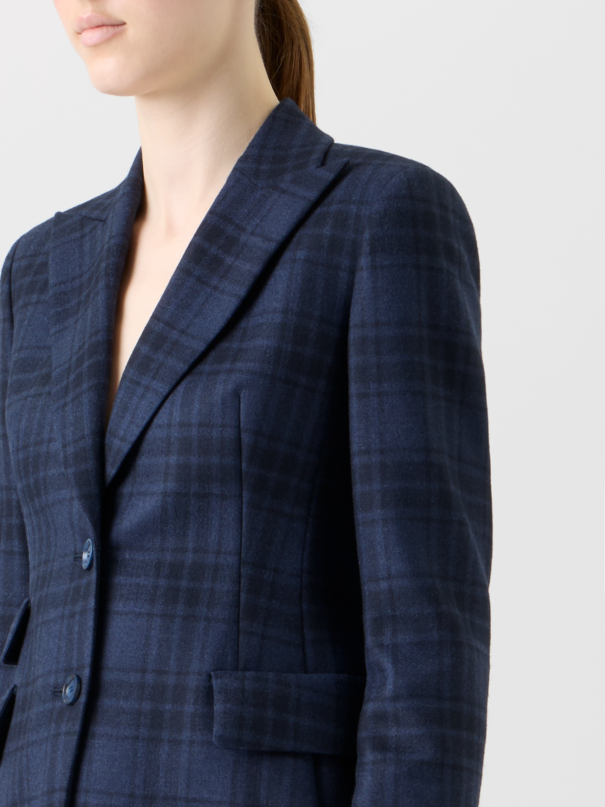 Designer Long Double-Face Plaid Blazer Jacket - neutral - navy - blue #editorial