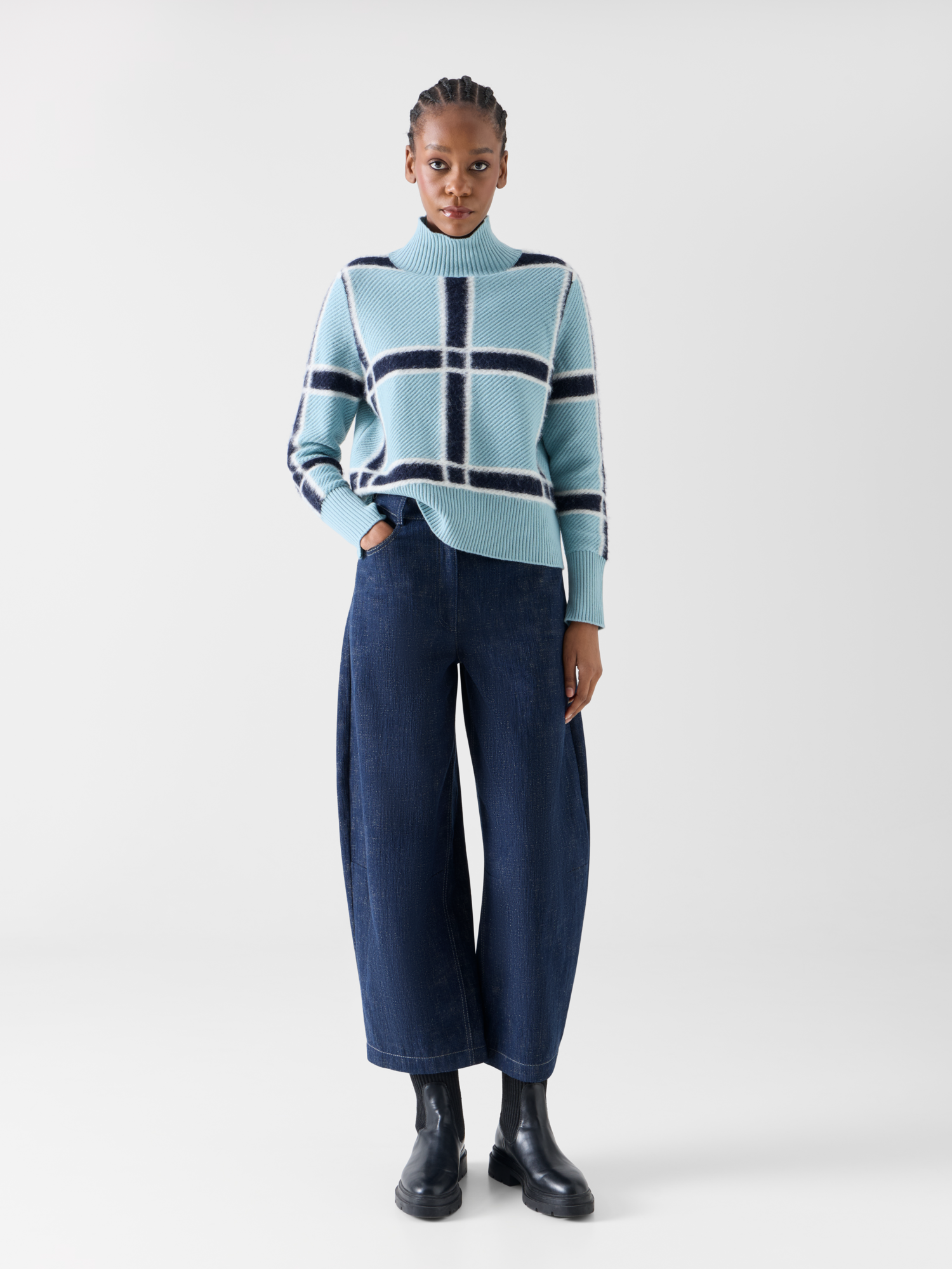 Designer Wool Cashmere Sweater with Intarsia Plaid - blue 