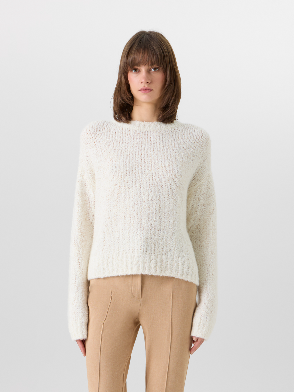 Designer Long-Sleeve Cashmere-Silk Bouclé Knit Sweater - ecru #editorial