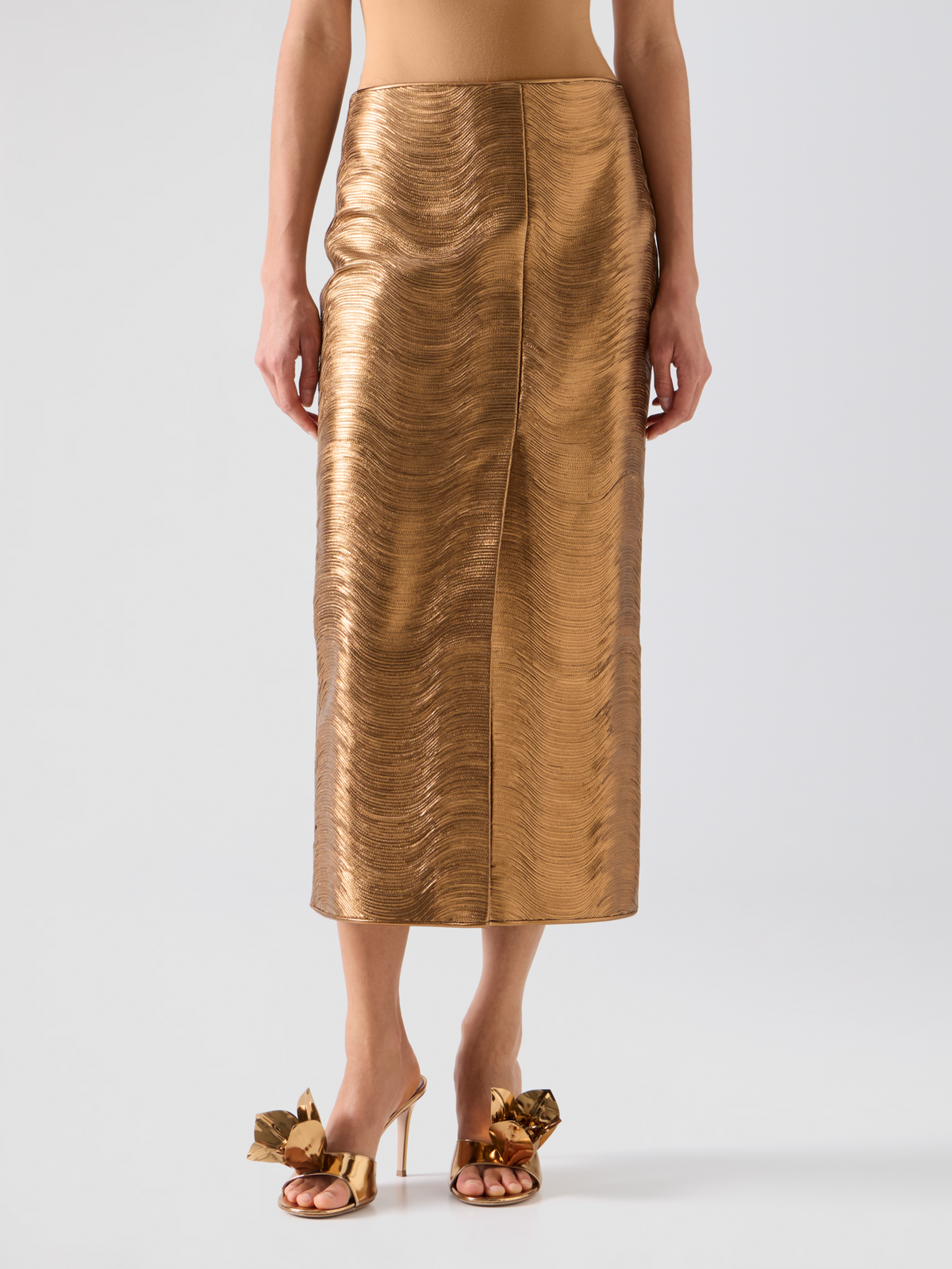 Designer Midi Pencil Skirt in Lamé Leather Stripe Embroidery - gold #editorial