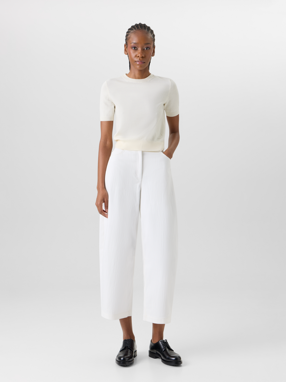 Designer Farrow Pants in Cotton-Stretch Denim - white #editorial