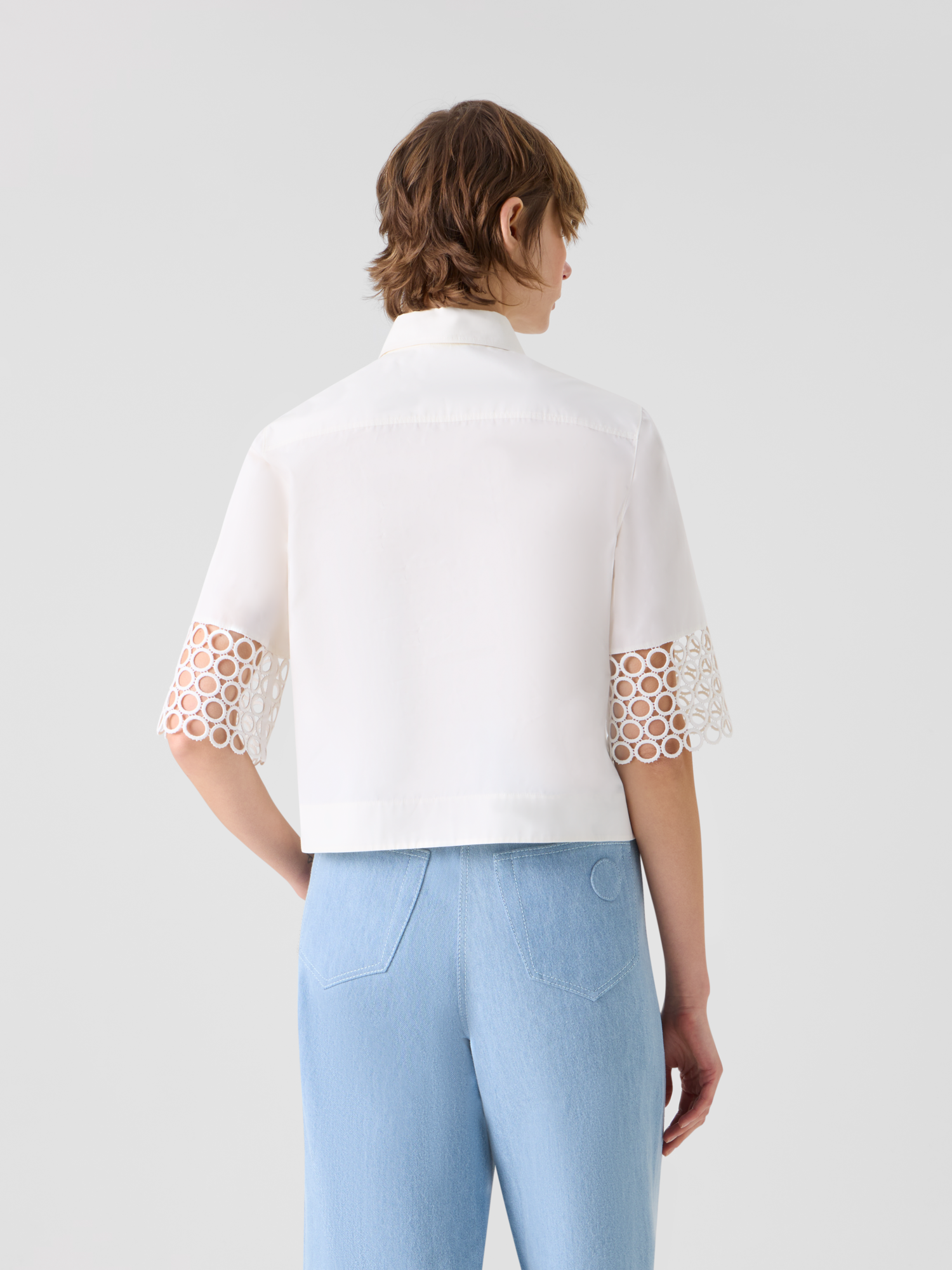 Designer Cotton Boxy Blouse with Eyelet Guipure - white 