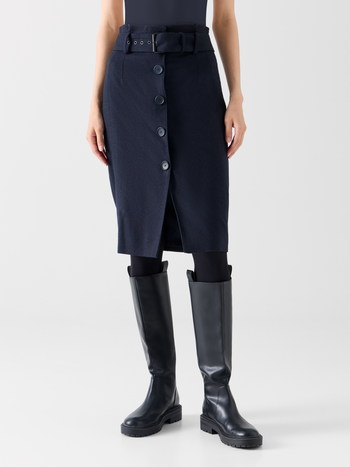 Designer High Waist Wool Flannel Pencil Skirt - navy #editorial