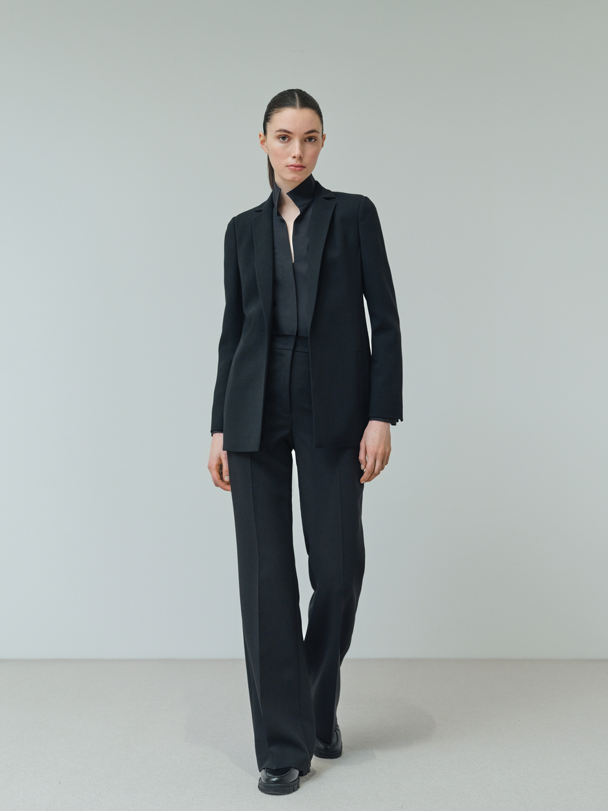 Designer Wool Double-Face Blazer with Elongated Lapel - black #editorial