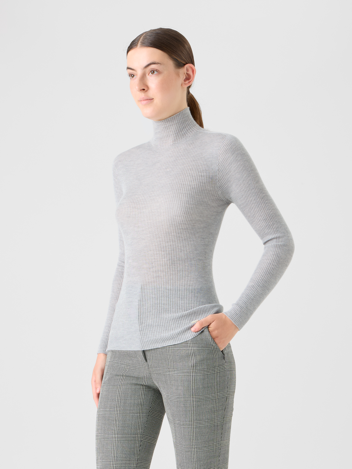 Designer Fine Rib Cashmere Silk Mock Neck Pullover - grey - neutral #editorial