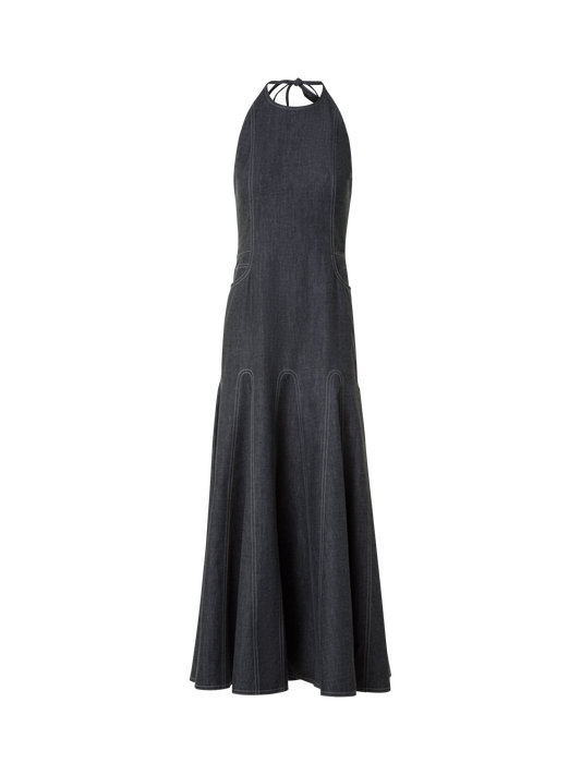 Designer Halter Top Denim Midi Dress - black