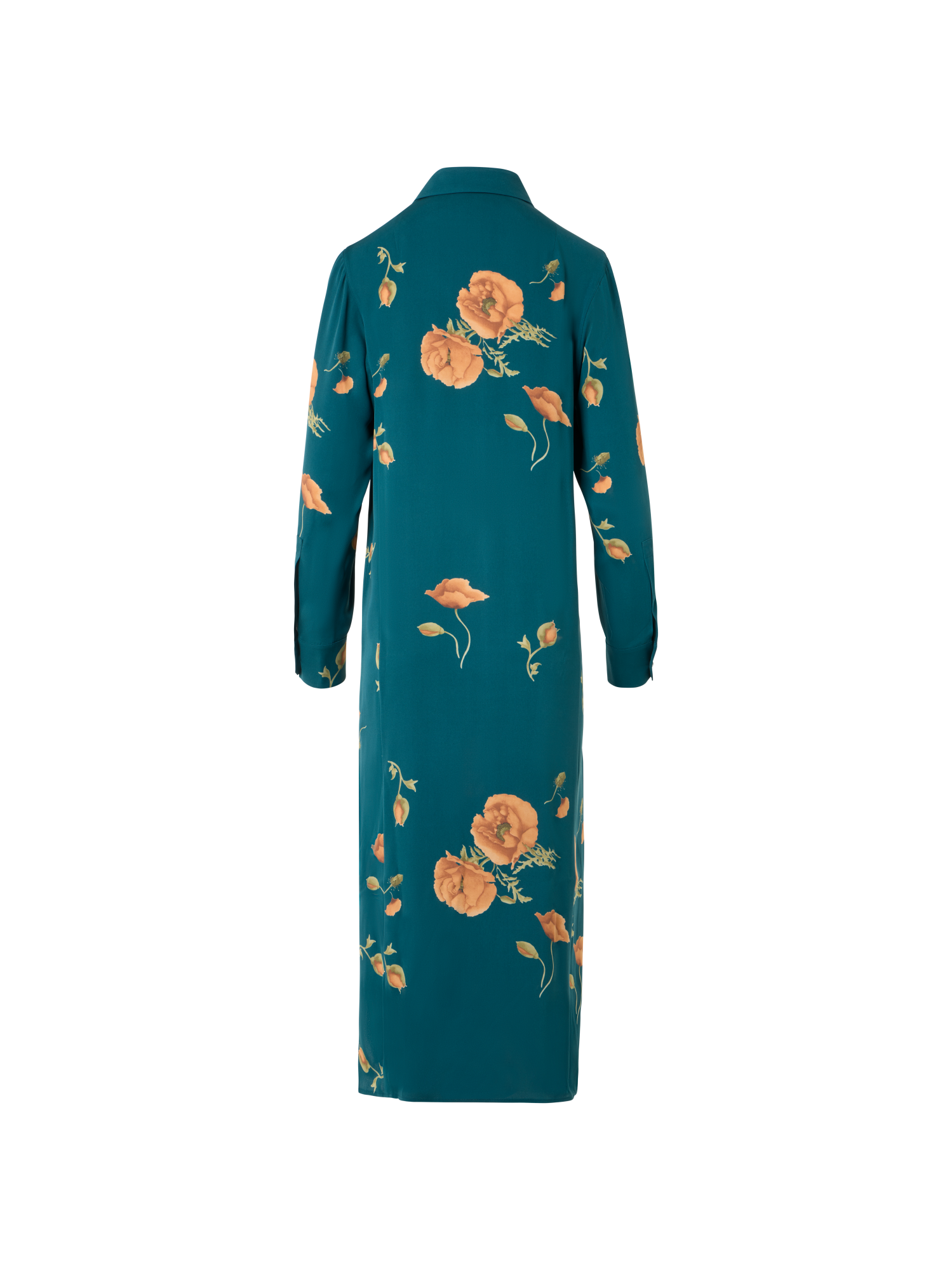 Designer Long Silk Tunic Dress with Anemone Print - green - multicolor