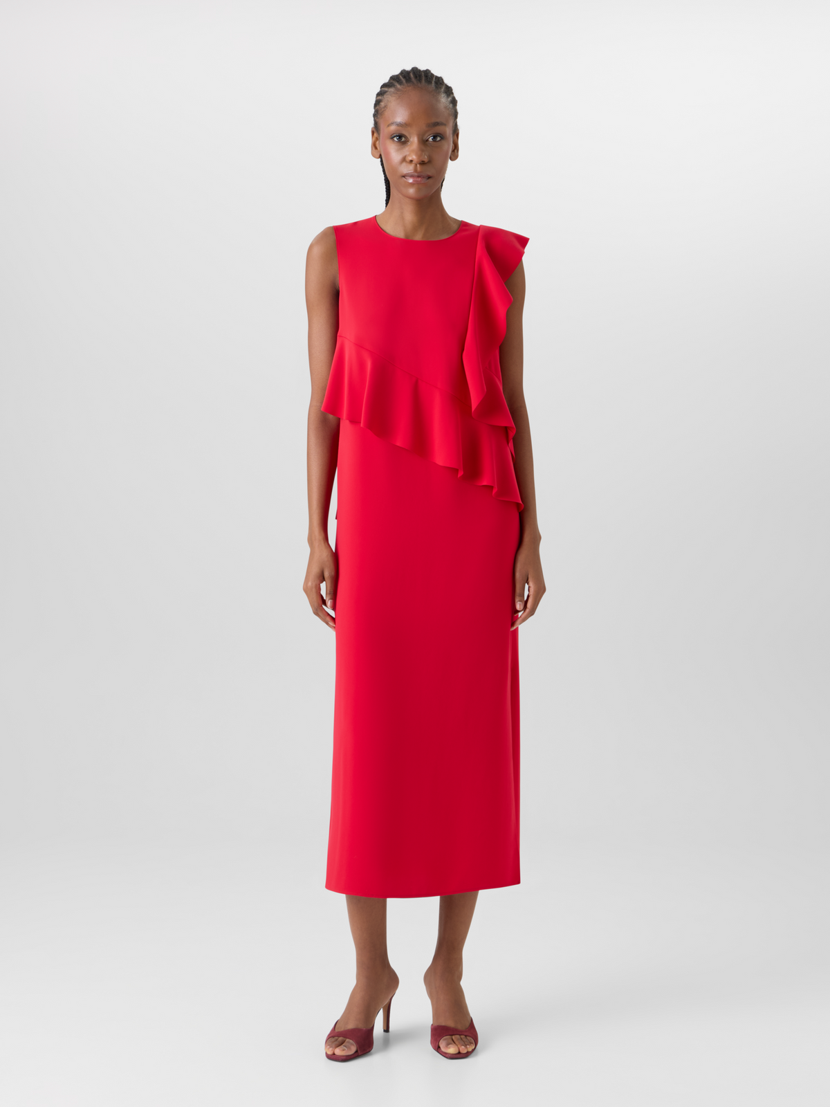 Designer Sleeveless Lasercut-Crêpe Tunic Dress - red #editorial