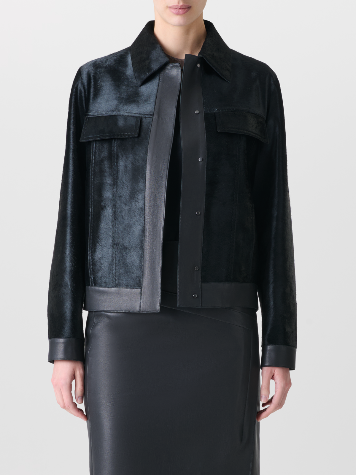 Designer Short Shearling Jacket with Leather Trim - black - neutral 