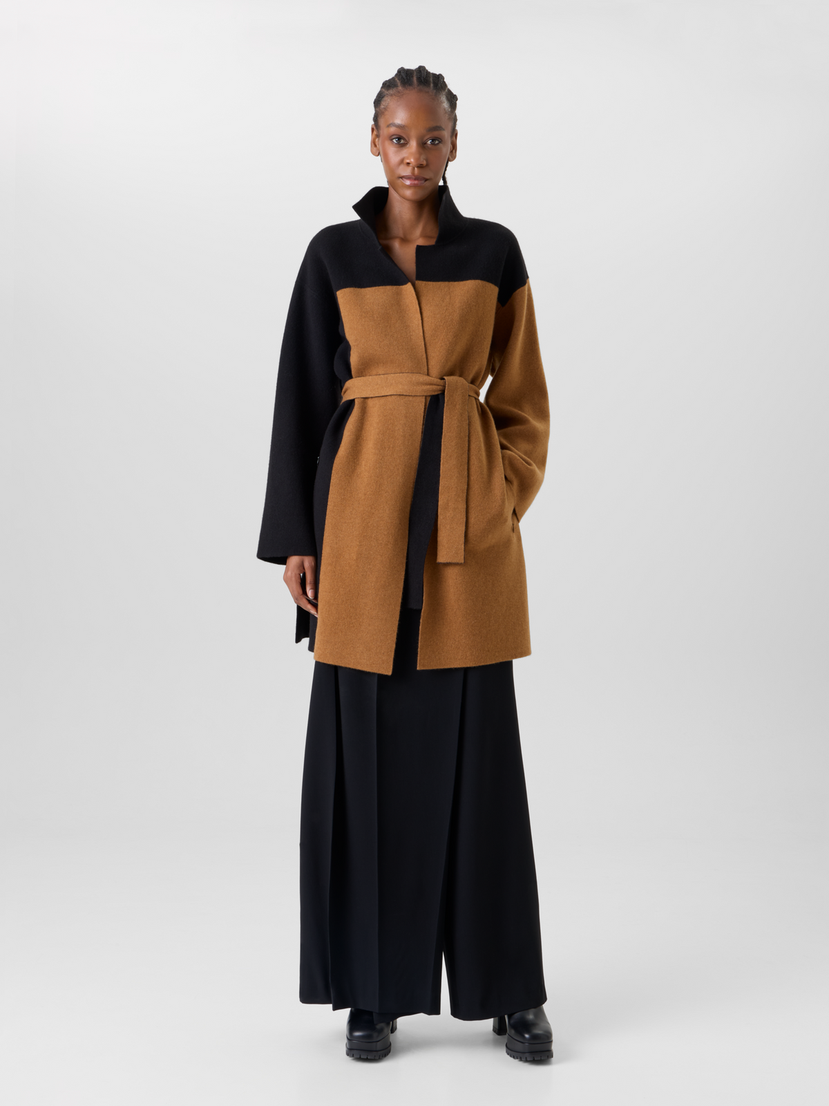 Designer Color Block Cashmere Double-Face Knit Coat - brown - multicolor - black 