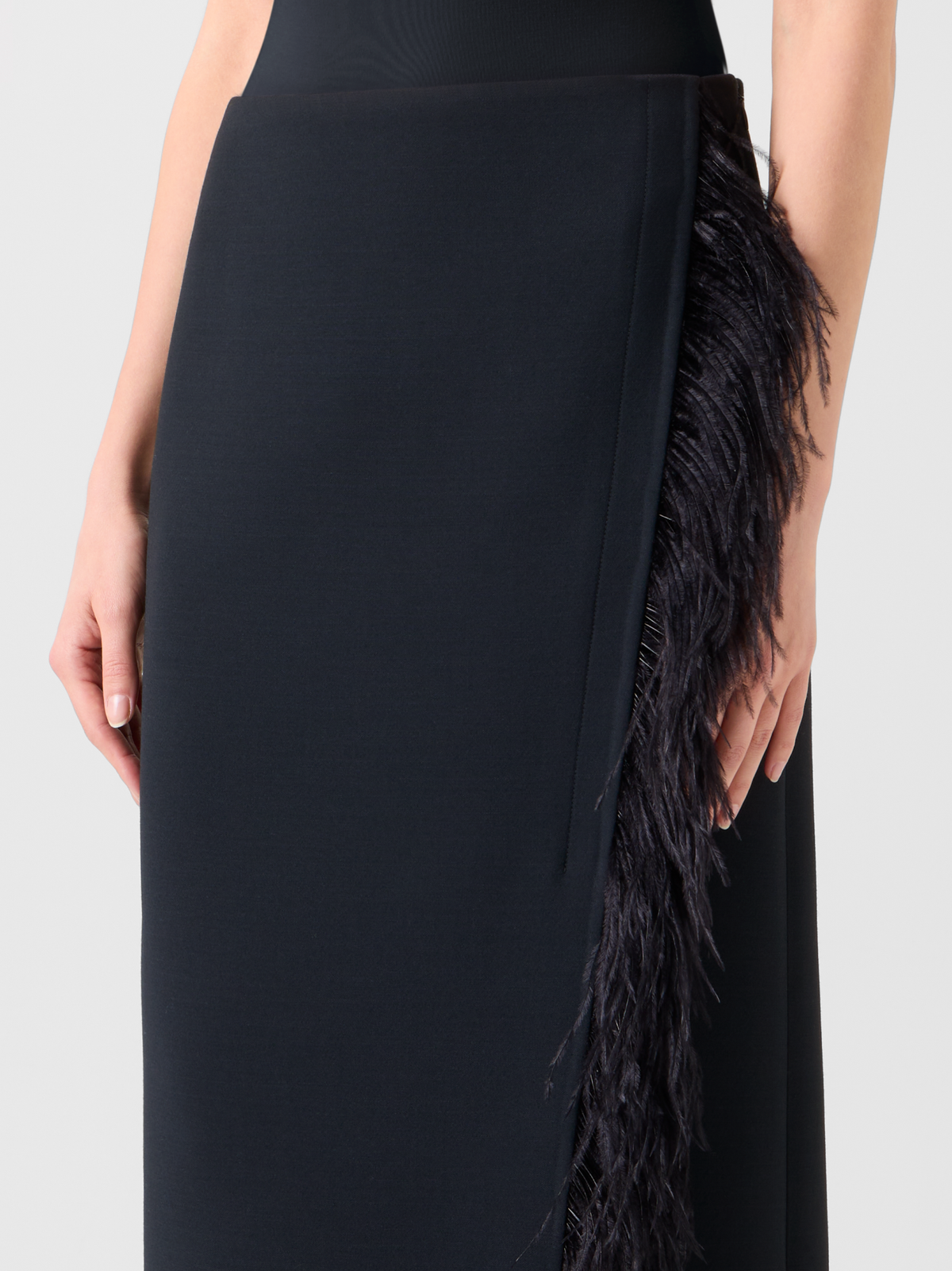 Designer Asymmetrical Wool Midi Skirt with Feather Trim - black - neutral #editorial