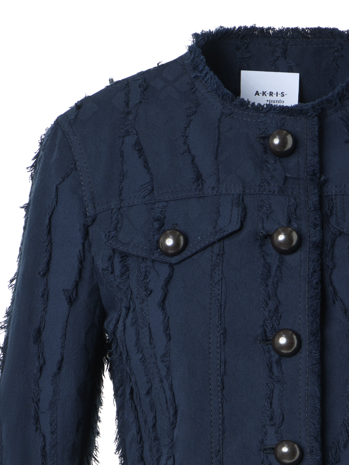Designer Fringed Wave Jacquard Cotton Jacket - navy - blue