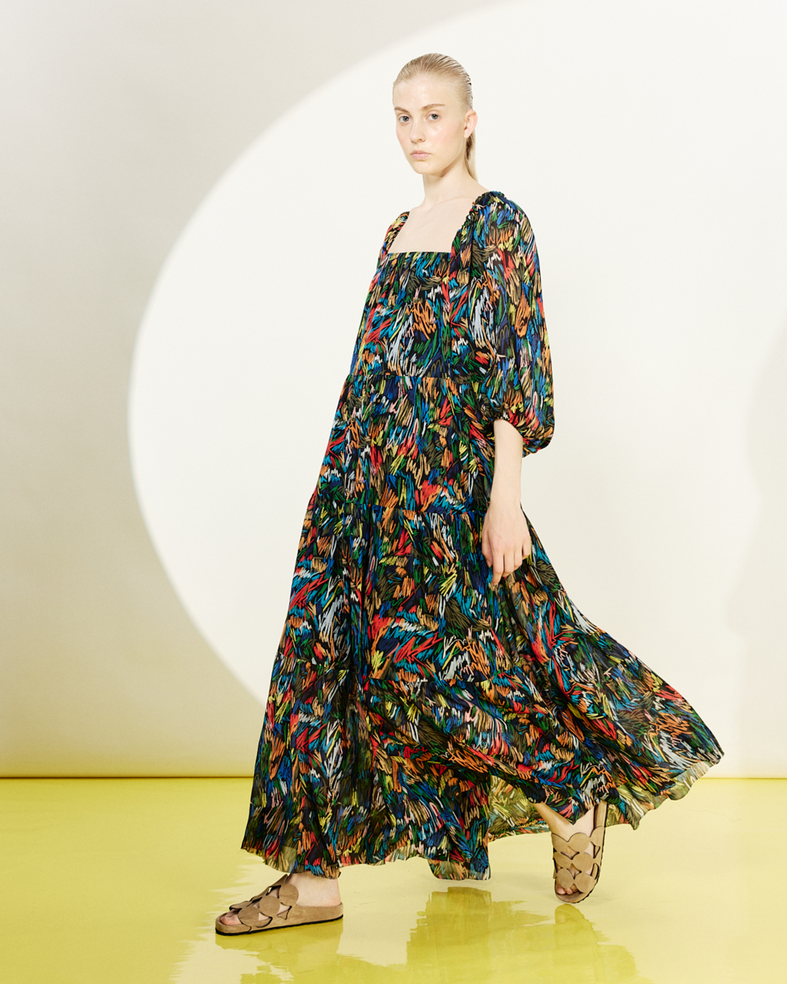 Designer Scribble Print Boho Maxi Dress - black - multicolor 