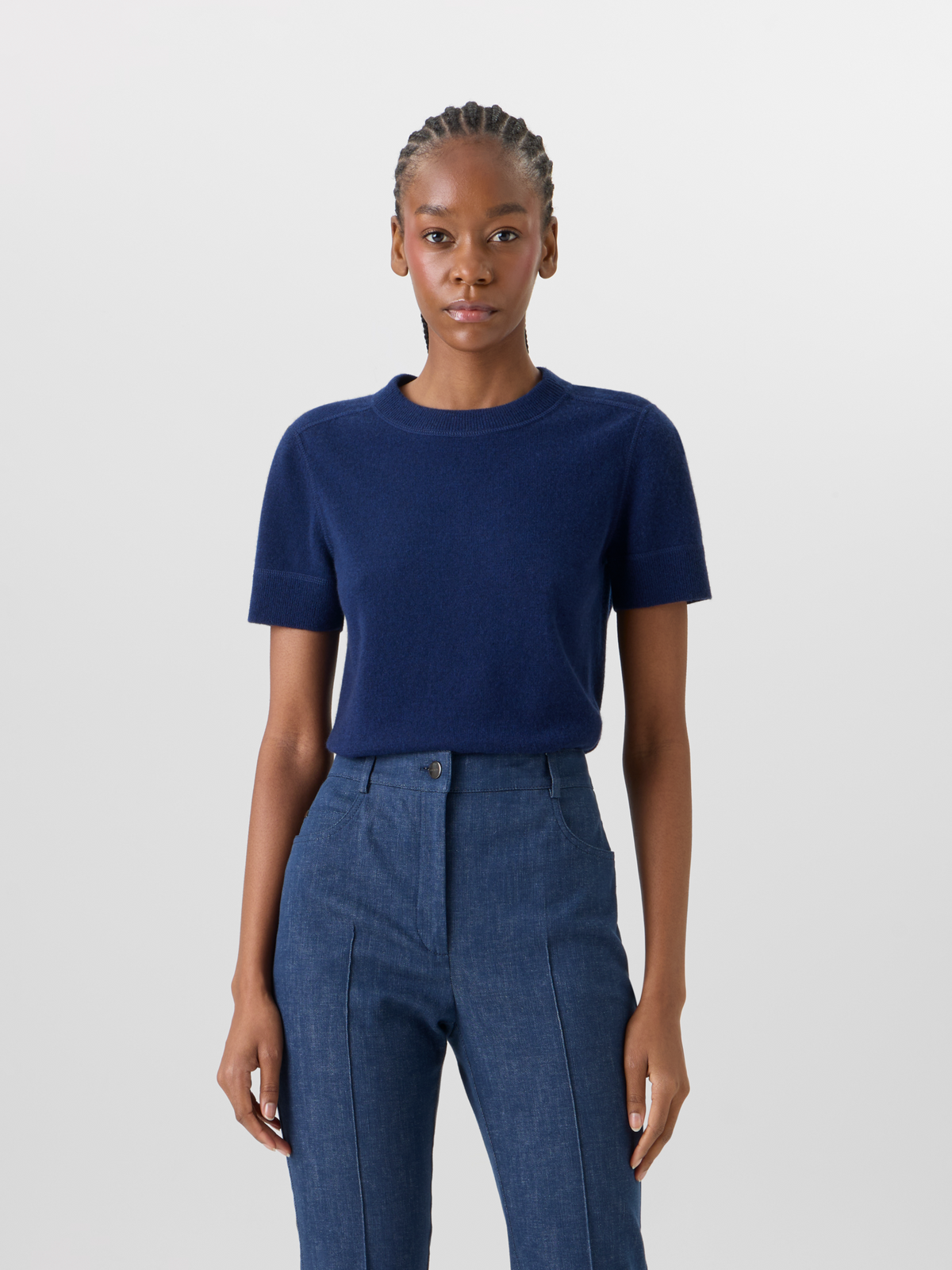 Designer Short-Sleeve Cashmere Knit Sweater - blue #editorial