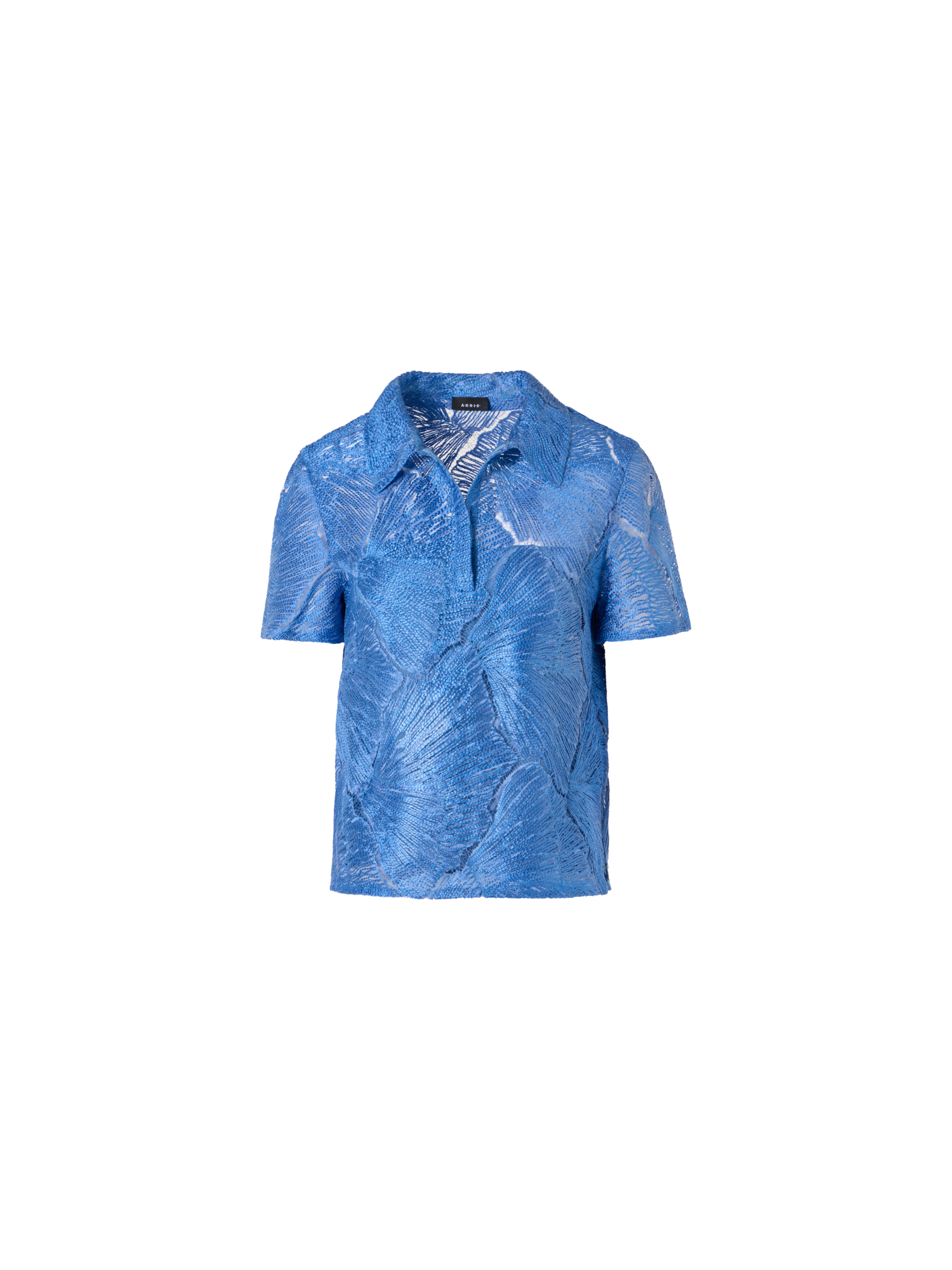 Designer Polo Blouse in Lacquered Sea Fan Lace  - blue