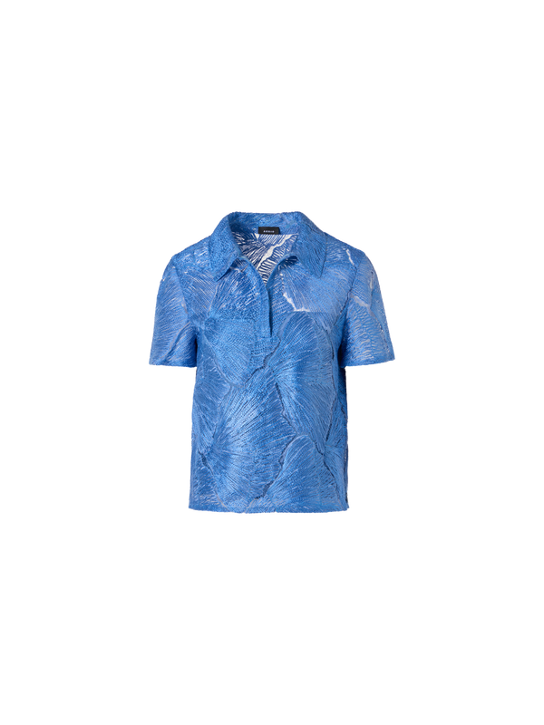 Designer Polo Blouse in Lacquered Sea Fan Lace  - blue