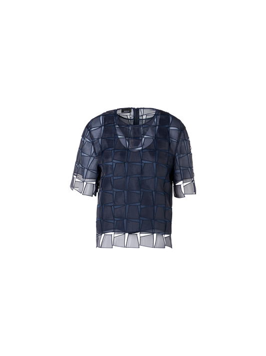 Designer Short-Sleeve Trapezoid Organza Blouse - navy