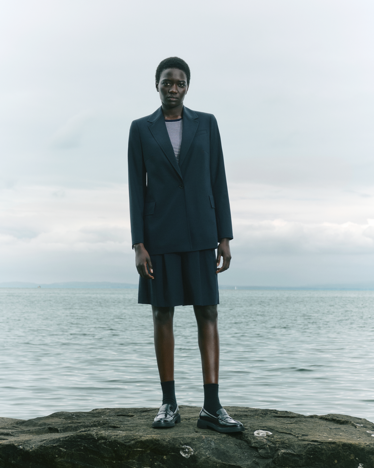 Designer Long Boyfriend Jacket in Cool Wool - navy - blue #editorial