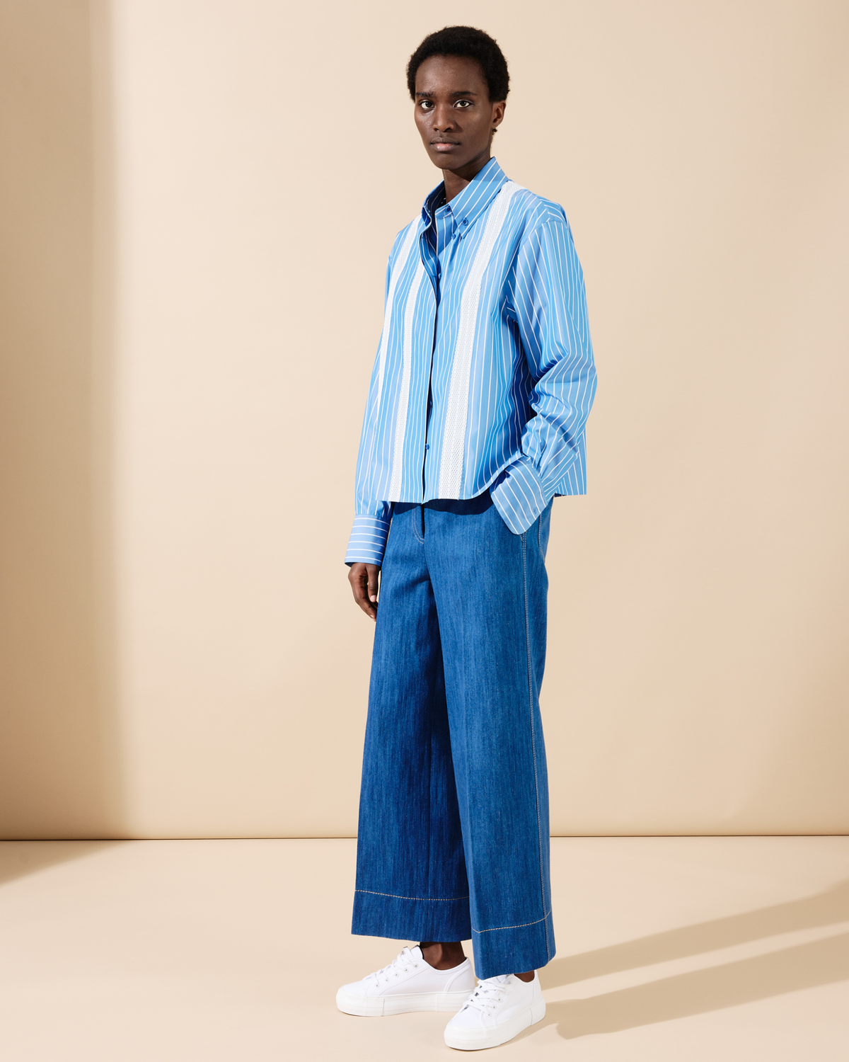 Designer Boxy Blouse in Striped Cotton with Mesh Tape - blue - multicolor #editorial