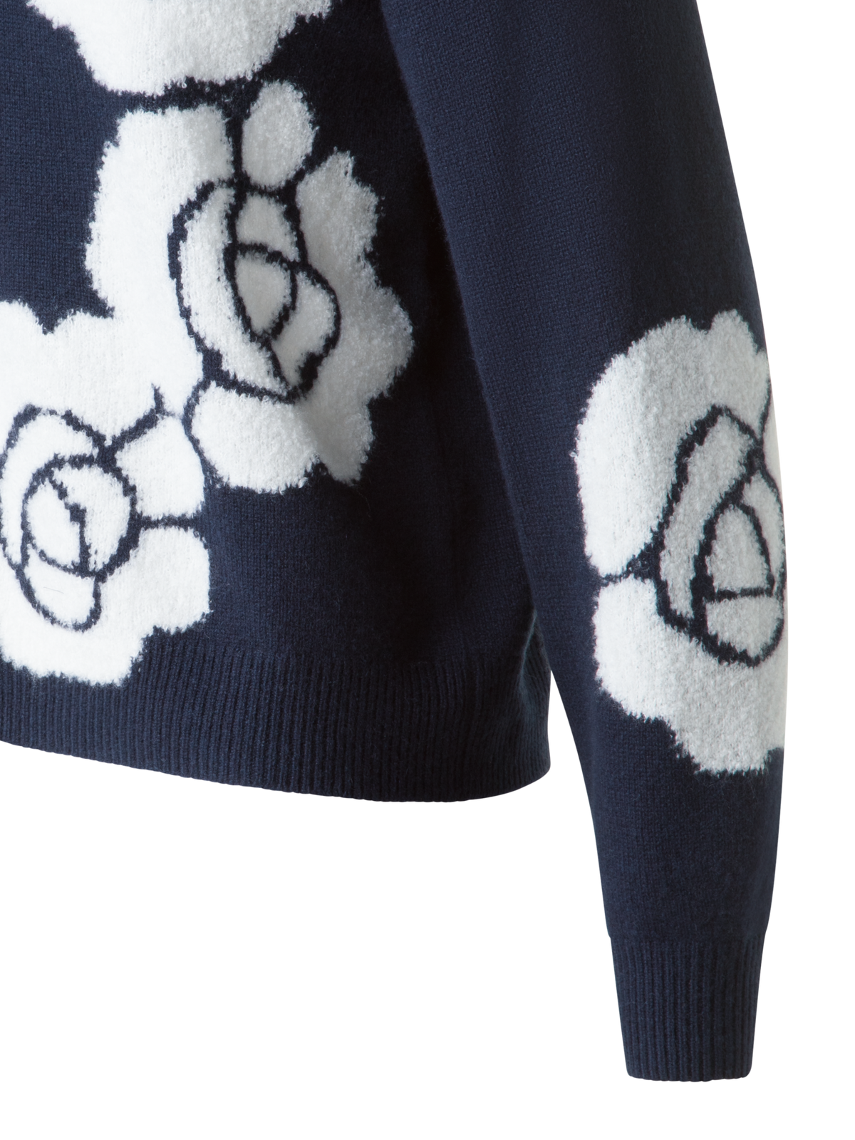 Designer Cashmere Silk Knit Sweater with Anemone Intarsia - neutral - navy - blue - multicolor